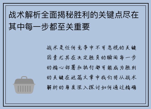 战术解析全面揭秘胜利的关键点尽在其中每一步都至关重要