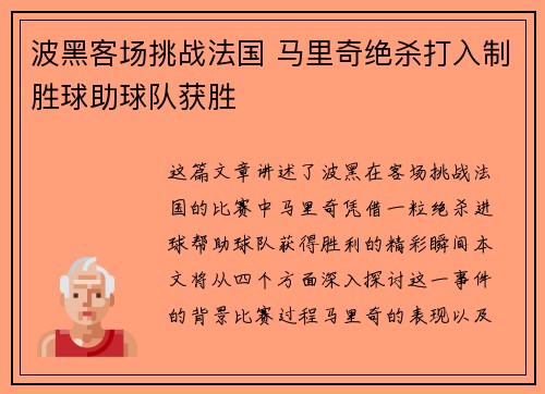 波黑客场挑战法国 马里奇绝杀打入制胜球助球队获胜