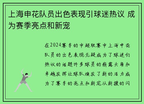 上海申花队员出色表现引球迷热议 成为赛季亮点和新宠