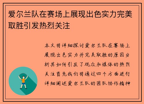 爱尔兰队在赛场上展现出色实力完美取胜引发热烈关注