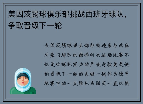 美因茨踢球俱乐部挑战西班牙球队，争取晋级下一轮